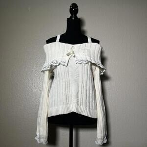 White Coquette Cottagecore Off-Shoulder Lace Bow Long Sleeve Top